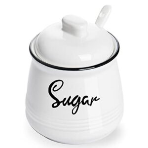haotop farmhouse porcelain sugar bowl with lid and spoon 12oz,easy to clean (white)