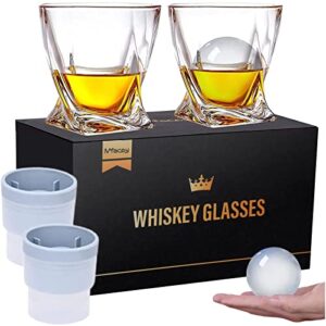 mfacoy old fashioned whiskey glasses set of 4 (2 crystal bourbon glasses, 2 round big ice ball molds 11 oz rocks glass with gift box, barware for scotch cocktail rum vodka liquor, gifts for men