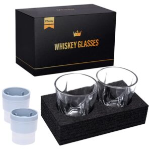 Mfacoy Old Fashioned Whiskey Glasses Set of 4 (2 Crystal Bourbon Glasses, 2 Round Big Ice Ball Molds 11 Oz Rocks Glass with Gift Box, Barware for Scotch Cocktail Rum Vodka Liquor, Gifts for Men