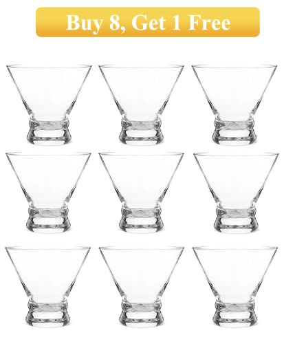 Mfacoy Martini Glasses Set of 9(Buy 8, get 1 Free), USA MADE Crystal Cocktail Glasses 8 Ounces, Hand Blown Stemless Martini Glasses for Bar, Martini, Cosmopolitan, Manhattan, Gimlet, Pisco Sour Brandy