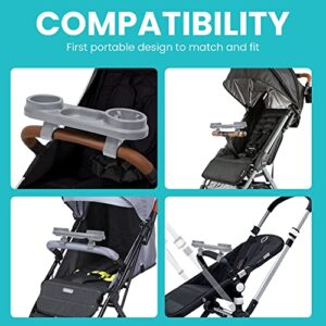 Universal Stroller Snack Tray - with Cup Holders - Upgraded Stroller Bar Attachment; Dual Non-Slip Grip Clip, Gray/Black (Gray)