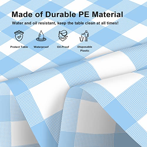 LIKAJON 6 Pack Blue and White Checkered Tablecloth, Blue Plastic Table Cloths for Parties Disposable, 54 x 108 inch Waterproof Rectangular Blue Gingham Camping Tablecloth for Birthday, Party, Picnic