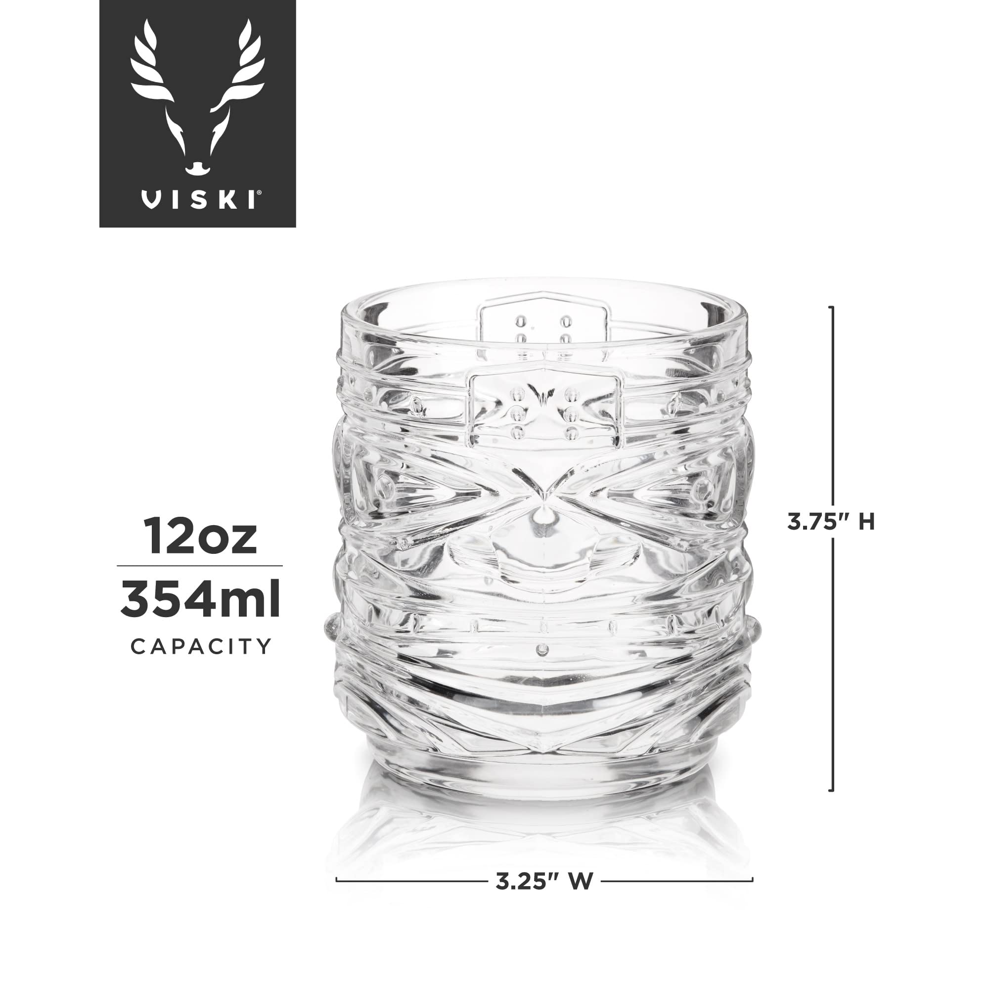 Viski Pacific Tiki Glasses Stackable Lowball DOF Tumblers, Tropical Cocktail and Bar Gifts for Rum and Whiskey, 12 Oz, Set of 2