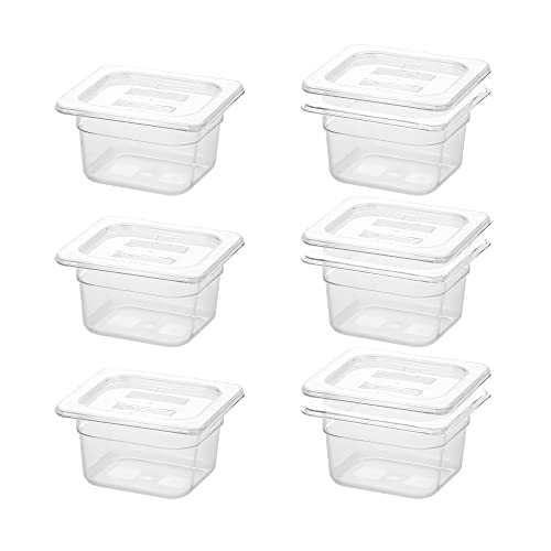 BIEAMA 6 Pack Food Pans with Lids, 1/6 Size 4'' Deep, Polycarbonate, Clear