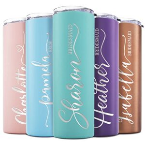 bridesmaid gifts set of 5, personalized bridesmaid tumbler w/ name and title, - 8 vivid colors, 5 designs - 20 oz engraved skinny tumbler w/ straw set, bridal shower gift, bridesmaid proposal gifts