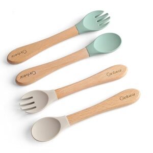 ginbear silicone baby spoon and fork set self-feeding, baby flatware sets, toddler feeding utensils for child 6 months+ (hazy green/almond)