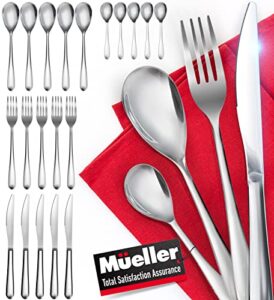mueller flatware set, 20-piece stainless steel silverware set, elegant cutlery set service for 5 - spoon, knife, fork, teaspoon, dishwasher safe, ergonomic shape