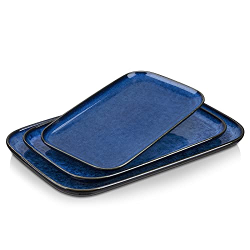 vancasso Stern Serving Platters Set of 3, 15/13/ 11 Inches Rectangular Serving Plates, Blue Serving Trays for Entertaining, Party