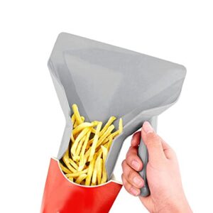 french fry scooper, chip popcorn bagger, ice candy snacks desserts scooper, commercial french fry bagger with right handle for popcorn chips ice cubes candy desserts, gray