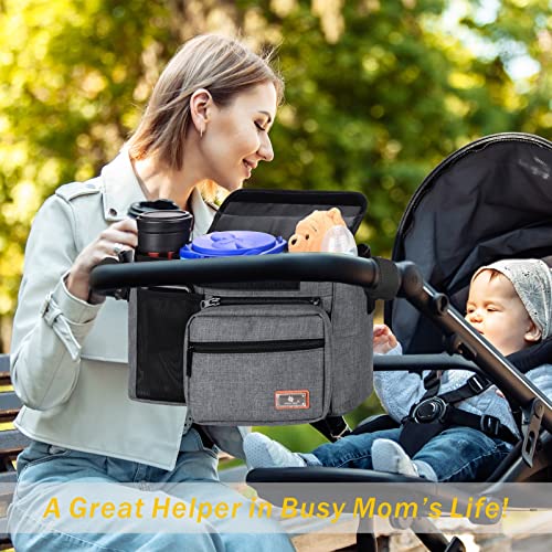 Vanleestar New Upgraded Buggy Organiser Pram Bag, Holds 2 Baby Cup Holders, Baby Pram Accessories Caddy Storage Bag Parent Console for Baby Jogger, Non-Slip Design w/Adjustable Shoulder Straps(Grey)