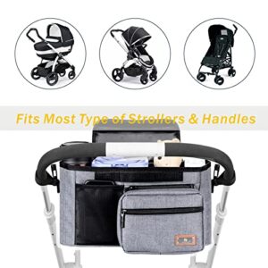 Vanleestar New Upgraded Buggy Organiser Pram Bag, Holds 2 Baby Cup Holders, Baby Pram Accessories Caddy Storage Bag Parent Console for Baby Jogger, Non-Slip Design w/Adjustable Shoulder Straps(Grey)