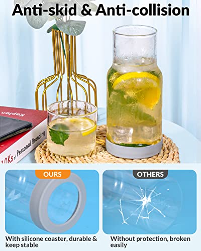 Bedside Nightstand Water Carafe and Glass Set, Night Water Carafe with Tumbler Cup, Clear Glass Mouthwash Dispenser for Bathroom, with Silicone Coaster, Heat and Cold Resistant, 18 OZ