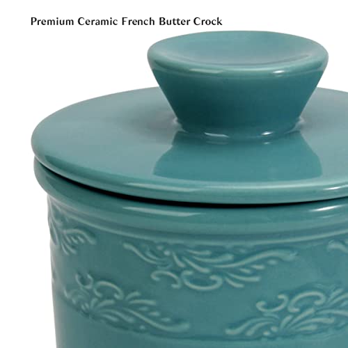 TAOUNOA Butter Dish with Lid for Countertop - Ceramic Butter Keeper with Stainless Steel Knife, French Butter Crock with Water Line Butter Holder for Counter, Light Blue