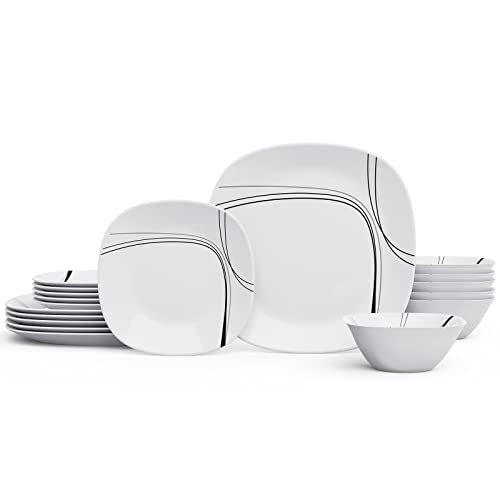 Square Dinnerware Set, MEKY Glassware 18-Piece Service for 6 Plates and Bowls Set, Easy to Clean, Dinner Plates, Dishes, Bowls Set, Modern Line