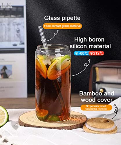 PUPUBLUE 4pcs Glass Cups with Bamboo Lids and Glass Straws, 16oz Drinking Glasses Can Shaped Glass Cups, Beer Glasses, Iced Coffee Glasses, Ideal for Whiskey, Gift, Wine, Cocktail- 2 Cleaning Brushes