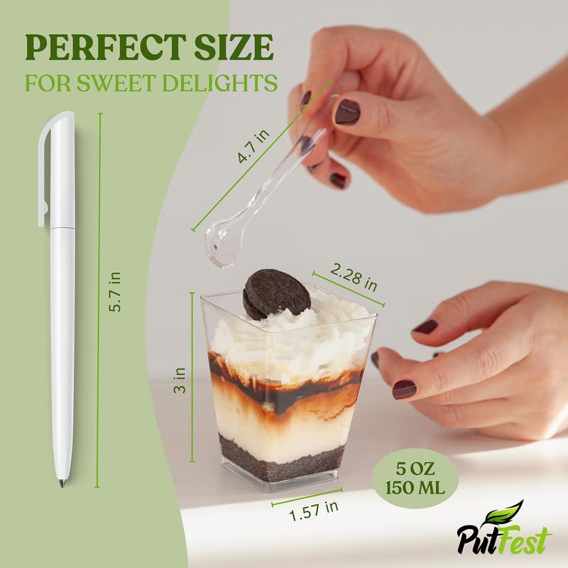 PutFest 50 Pack - 5 oz Clear Plastic Dessert Cups with Lids & Spoons - square plastic cups Parfait cups fruit cups with lid - Appetizer cups Clear plastic cups with lids - Mini dessert cups with lids