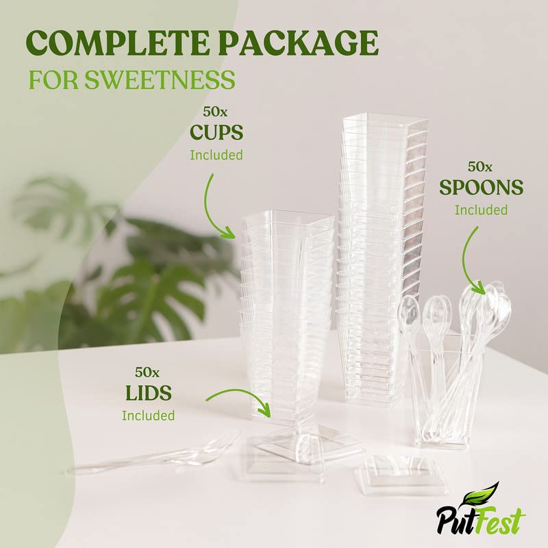 PutFest 50 Pack - 5 oz Clear Plastic Dessert Cups with Lids & Spoons - square plastic cups Parfait cups fruit cups with lid - Appetizer cups Clear plastic cups with lids - Mini dessert cups with lids