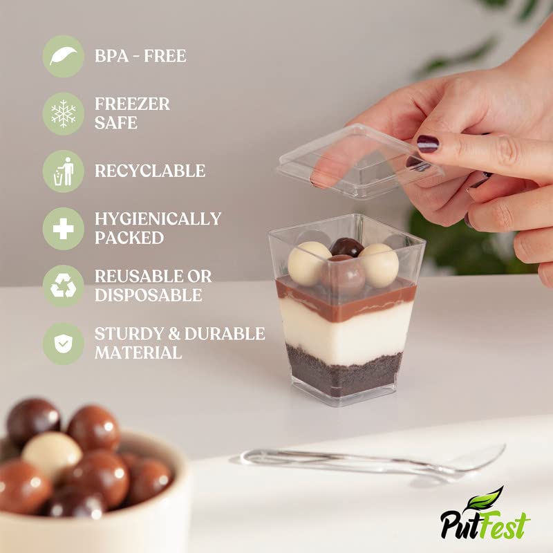 PutFest 50 Pack - 5 oz Clear Plastic Dessert Cups with Lids & Spoons - square plastic cups Parfait cups fruit cups with lid - Appetizer cups Clear plastic cups with lids - Mini dessert cups with lids