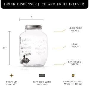 JoyJolt 1-Gallon Drink Dispenser. Glass Beverage Dispenser with Spigot plus Ice Cylinder and Fruit Infuser! Water Dispenser, Lemonade Stand, Punch Bowl, Juice Container - Drink Dispensers for Parties