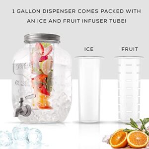 JoyJolt 1-Gallon Drink Dispenser. Glass Beverage Dispenser with Spigot plus Ice Cylinder and Fruit Infuser! Water Dispenser, Lemonade Stand, Punch Bowl, Juice Container - Drink Dispensers for Parties