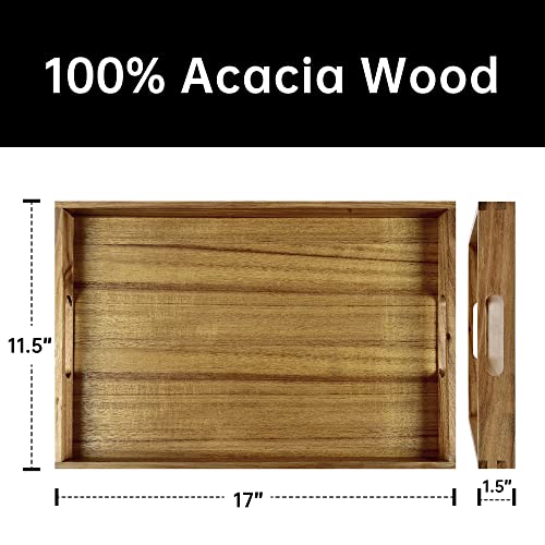 KITEISCAT Acacia Wood Serving Tray with Handles - 17-Inch Decorative Wooden Tray - Perfect for Breakfast, Lunch, Dinner, Appetizers, Patio, Ottoman, Coffee Table - Durable Living Room and Couch Tray