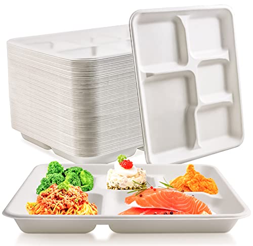 Vmiapxo 50 Pack Natural Bagasse Fiber Paper Food Trays,10"x 8",5 Compartment Dinner Tray School Lunch Divided Paper Plates Holders Buffet Party Serving Supplies (White)