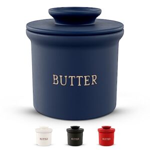 kook butter keeper dish, french ceramic crock with lid, embossed container, for soft butter (matte navy)