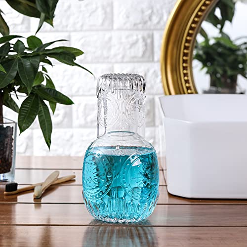 Vintage Bedside Water Carafe and Glass Set for Bedroom Nightstand, Bediside, Thicked Glass Mouthwash Decanter for Bathroom, Water Pitcher Set (33 OZ)