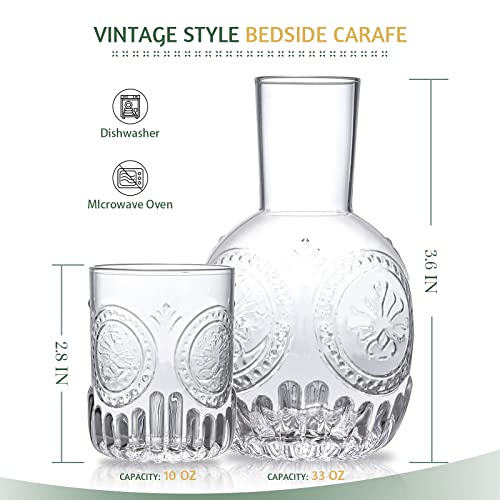 Vintage Bedside Water Carafe and Glass Set for Bedroom Nightstand, Bediside, Thicked Glass Mouthwash Decanter for Bathroom, Water Pitcher Set (33 OZ)