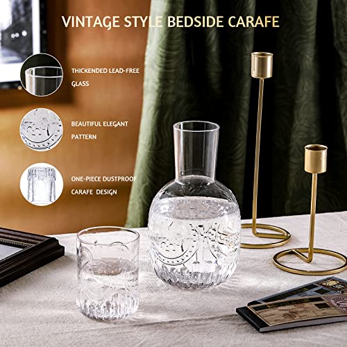 Vintage Bedside Water Carafe and Glass Set for Bedroom Nightstand, Bediside, Thicked Glass Mouthwash Decanter for Bathroom, Water Pitcher Set (33 OZ)