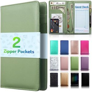 Server Book with 2 Zipper Pockets, Leather Server Books for Waitress, Waiter Book, Durable Waitress Book with Money Pocket and Zipper, Waiter Wallet Server Booklet Checkbook Fit Server Apron (Grass Green)