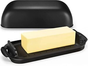 butter dish with lid, butter container holds for countertop, unbreakable butter keeper for home kitchen decor, perfect for east/west coast butter, bpa-free, microwave/dishwasher safe (black)