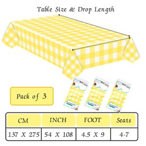 3 Pack Yellow Gingham Tablecloth 54 x 108 Yellow and White Checkered Table Cloth for Rectangle Table Disposable Plastic Table Cover for Party Outdoor Picnic Wedding Yellow Plastic Tablecloth