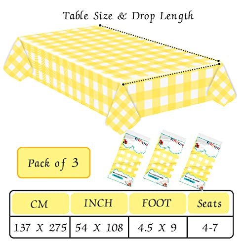 3 Pack Yellow Gingham Tablecloth 54 x 108 Yellow and White Checkered Table Cloth for Rectangle Table Disposable Plastic Table Cover for Party Outdoor Picnic Wedding Yellow Plastic Tablecloth