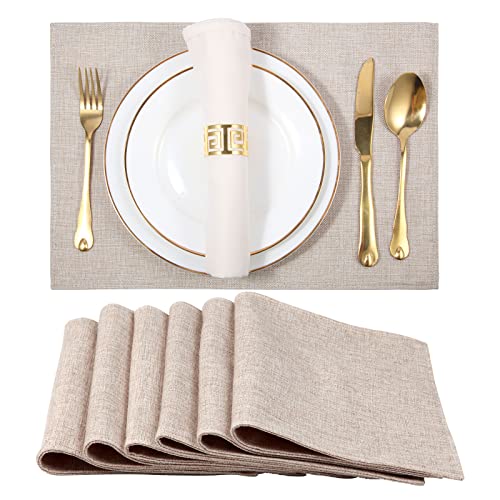 SLKQG Cloth Placemats Set of 6 - Double Thickened Easy to Clean Linen Style Fabric Placemats - Machine Washable Placemats- Heat Resistant Non-Slip Table Mats - 17.7x11.8 Inch(Linen, 6pcs)