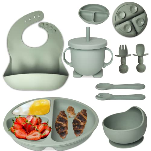 mutualproducts - Baby Feeding Set 8-Piece | Baby Led Weaning Utensils Set Includes Suction Bowl and Plate, Baby Spoon and Fork, Sippy Cup with Straw and Lid | Baby Feeding Supplies (Army Green)