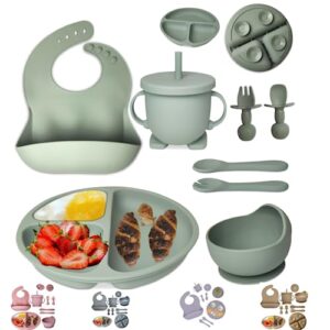 mutualproducts - baby feeding set 8-piece | baby led weaning utensils set includes suction bowl and plate, baby spoon and fork, sippy cup with straw and lid | baby feeding supplies (army green)