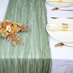 snowkingdom 13ft sage green cheesecloth table runner, 160inch long cheese cloth boho gauze table runner for wedding bridal baby shower birthday holiday party rustic sheer table decorations