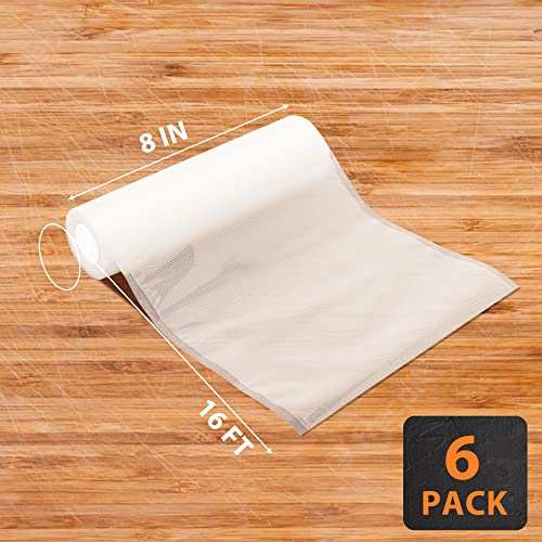 Vacuum Sealer Bags, 6 Pack BPA FREE 8"x16' Food Vacuum Bags Rolls Heavy Duty Vacuum Seal Bags for Food Seal a Meal Bags, Commercial Grade Vacuum Sealer Rolls for Meal Prep Sous Vide Food Storage 