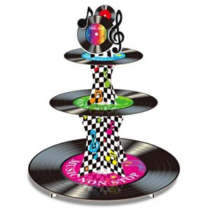 3 tier 1950's rock and roll music party decorations record cupcake stand vinyl record cupcake holder music not stop dessert tower for 50s retro theme music party supplies