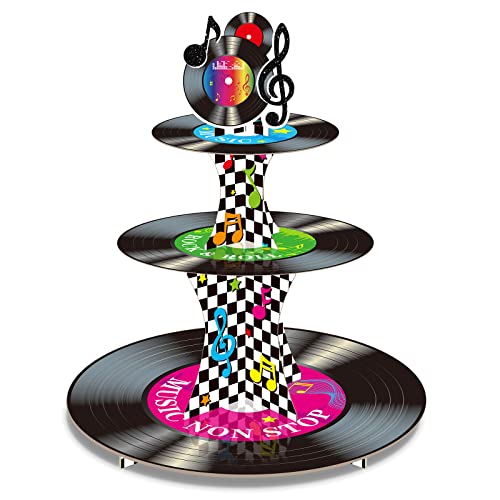 3 Tier 1950's Rock and Roll Music Party Decorations Record Cupcake Stand Vinyl Record Cupcake Holder Music Not Stop Dessert Tower for 50s Retro Theme Music Party Supplies