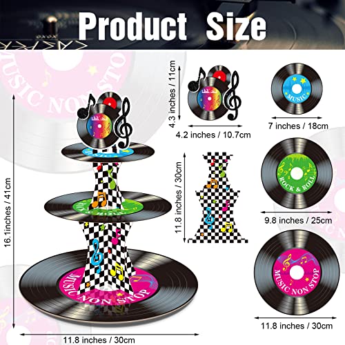 3 Tier 1950's Rock and Roll Music Party Decorations Record Cupcake Stand Vinyl Record Cupcake Holder Music Not Stop Dessert Tower for 50s Retro Theme Music Party Supplies