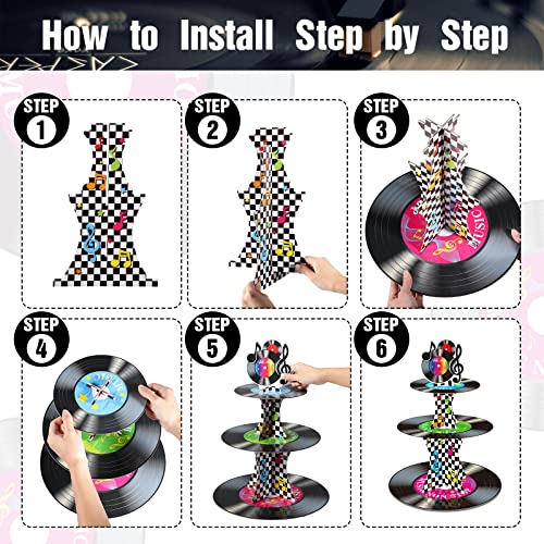 3 Tier 1950's Rock and Roll Music Party Decorations Record Cupcake Stand Vinyl Record Cupcake Holder Music Not Stop Dessert Tower for 50s Retro Theme Music Party Supplies