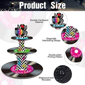 3 Tier 1950's Rock and Roll Music Party Decorations Record Cupcake Stand Vinyl Record Cupcake Holder Music Not Stop Dessert Tower for 50s Retro Theme Music Party Supplies