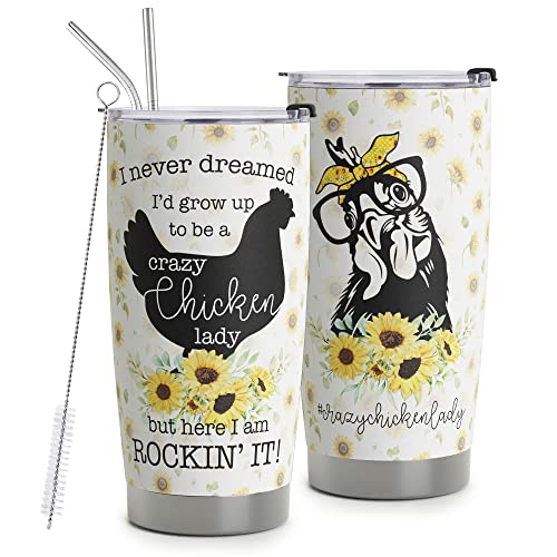 HOMISBES Crazy Chicken Lady Gifts - Stainless Steel Chicken Sunflower Tumbler Cup 20oz for Chicken Owners - Chicken Travel Mug for Mom Women Wife - Birthday Gifts for Chicken Lovers