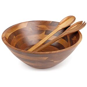 homexcel acacia 3-piece wooden salad bowl set, large wood salad bowl with server,big wood serving bowl for fruits, salad, cereal or past