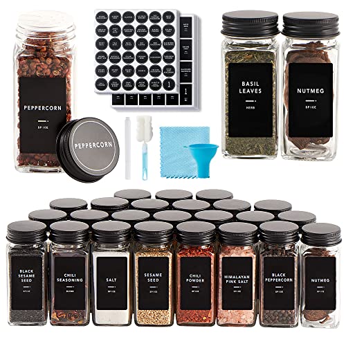 Skiileor 25 Pcs Spice Jars with Label- Glass Spice Jars with Black Metal Caps,Shaker Lids, Funnel, Chalk Pen, Brush,Cleaning Cloth 4oz Seasoning Containers Bottles for Spice Rack, Cabinet, Drawer