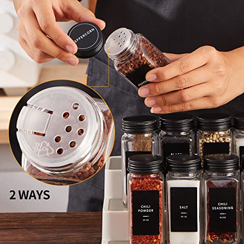 Skiileor 25 Pcs Spice Jars with Label- Glass Spice Jars with Black Metal Caps,Shaker Lids, Funnel, Chalk Pen, Brush,Cleaning Cloth 4oz Seasoning Containers Bottles for Spice Rack, Cabinet, Drawer