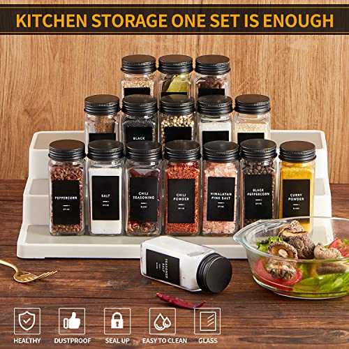 Skiileor 25 Pcs Spice Jars with Label- Glass Spice Jars with Black Metal Caps,Shaker Lids, Funnel, Chalk Pen, Brush,Cleaning Cloth 4oz Seasoning Containers Bottles for Spice Rack, Cabinet, Drawer