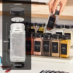 Skiileor 25 Pcs Spice Jars with Label- Glass Spice Jars with Black Metal Caps,Shaker Lids, Funnel, Chalk Pen, Brush,Cleaning Cloth 4oz Seasoning Containers Bottles for Spice Rack, Cabinet, Drawer